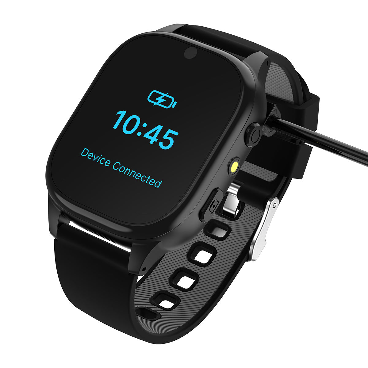 Black smartwatch with a connected device display on a white background