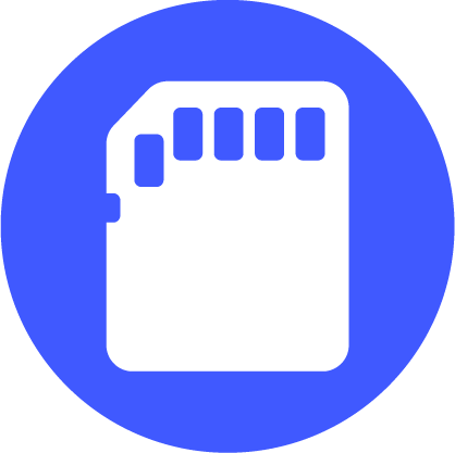 White SD card icon on a blue circle background
