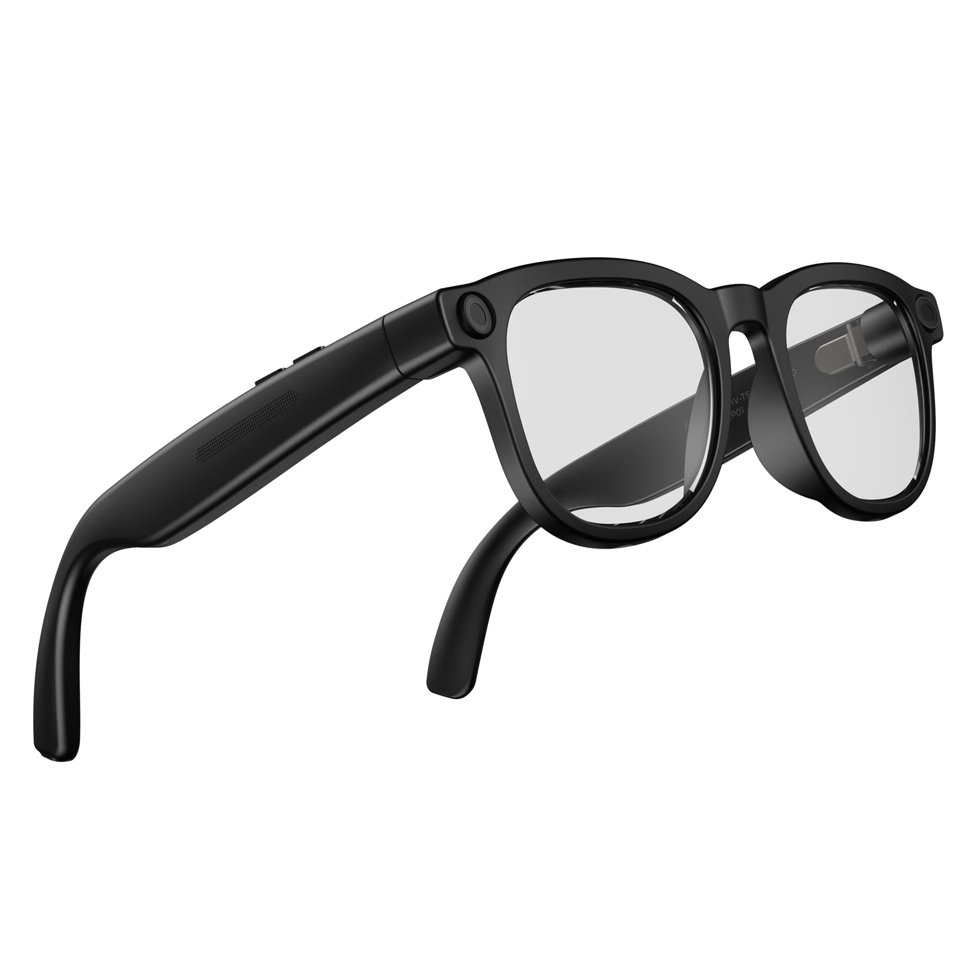 Black smart glasses with clear lenses, shown from a three-quarters angle on a solid white background.