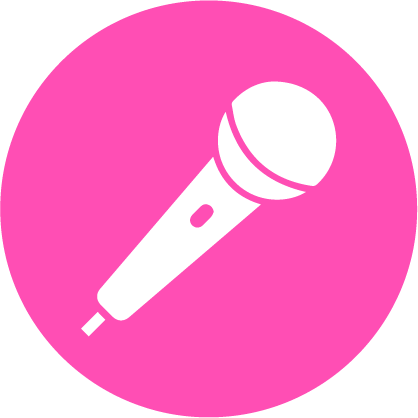 White microphone icon on a pink circle