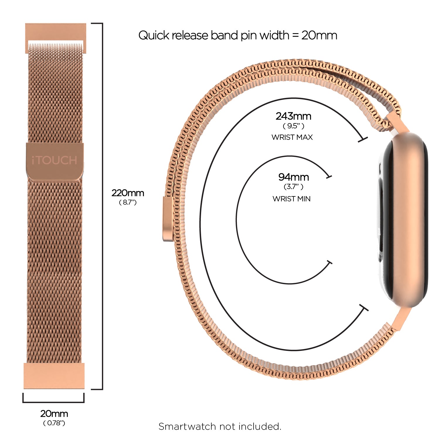 iTouch Air 3 40mm, Sport 3 & Sport Extra Interchangeable Strap: Narrow Rose Gold Mesh affordable smart watch strap